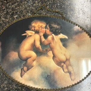 Vintage 1950s Lucite Raphaels Angels oval wall hanging or dresser tray